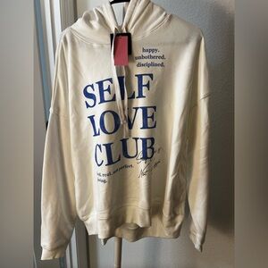 Grayson Threads Cream Hoodie with Blue Print Self Love Size L